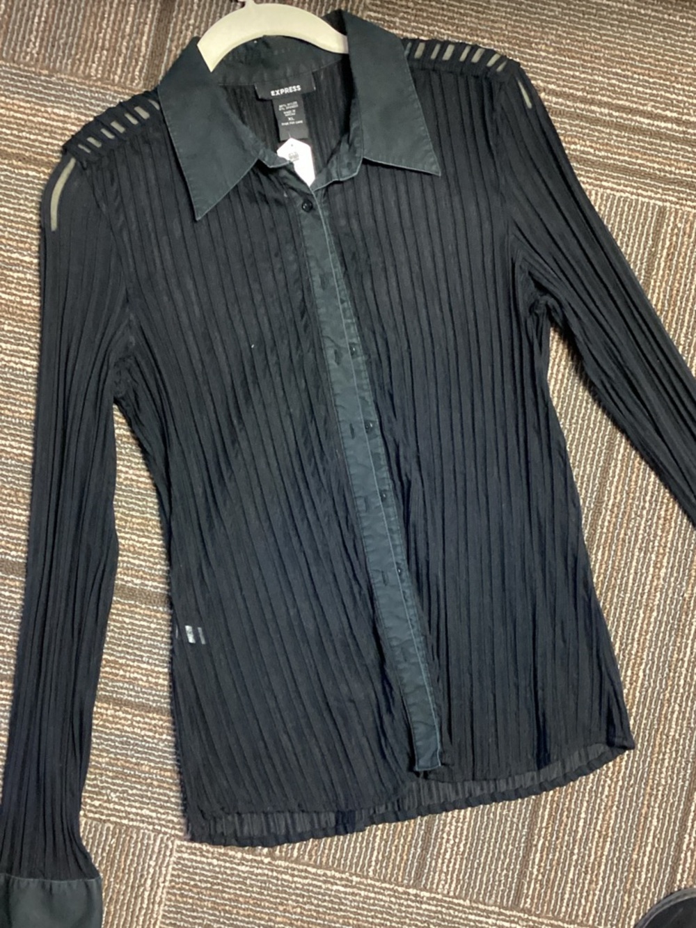 Express Black Sheer Pleated Long-Sleeve Button-Up Shirt